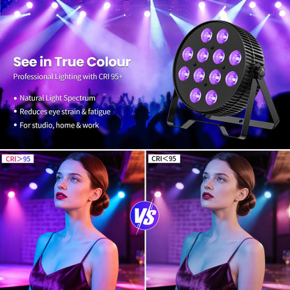 Betopper LED Stage Lights, 12X18W DJ Par Light, RGB+Lime+Amber+UV 6-in-1 Wash/Strobe Effect Stage Lighting, DMX512/Sound Activated Uplighting Lights for DJ, Parties, Concerts, Bars, 4-Pack