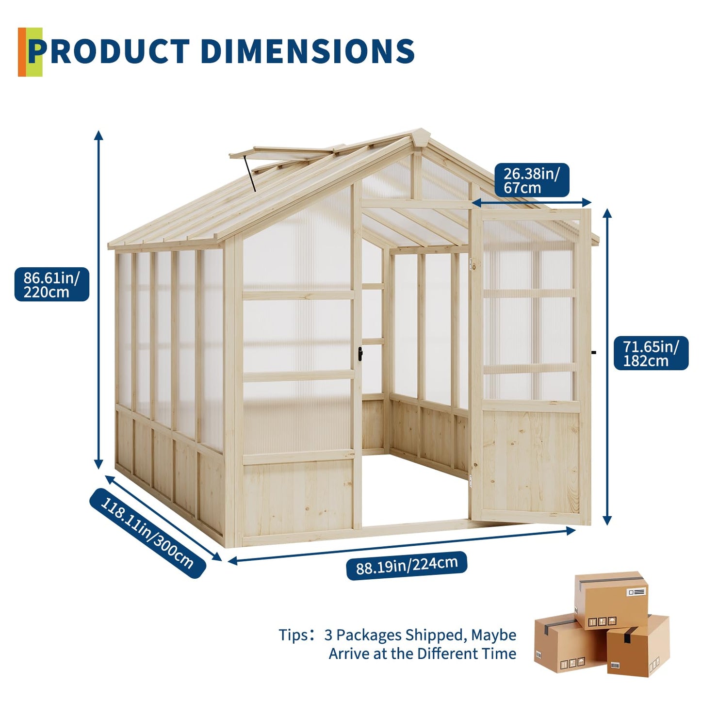 10x8FT Greenhouses for Outdoors, Wooden Greenhouse with Lockable Door, Wood Frame & Adjustable Vent, Polycarbonate Panel Heavy Duty Greenhouse for Outside, Garden, Yard, Light Brown