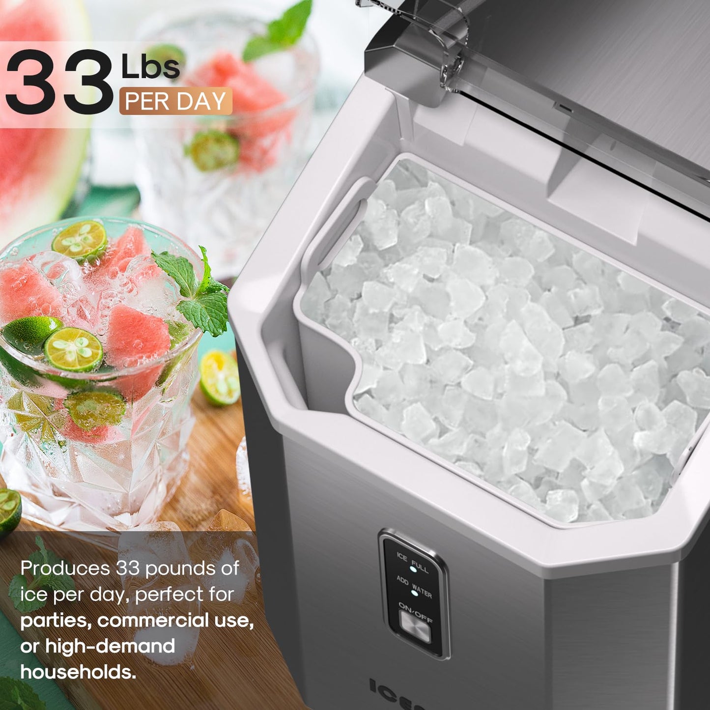 ICEPURE Nugget Ice Makers Countertop with App, Portable Ice Machine with WiFi, 33lbs in 24H, Ready in 5-10 Mins, Self Cleaning，Small Ice Maker with Basket Scoop, for Home/Party/RV(Stainless Steel)