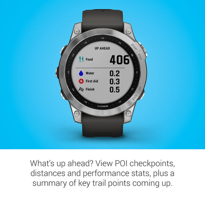 Garmin Fenix 7, Adventure smartwatch, Rugged Outdoor Watch with GPS, Touchscreen, Health and Wellness Features, Silver with Graphite Band - 010-02540-00
