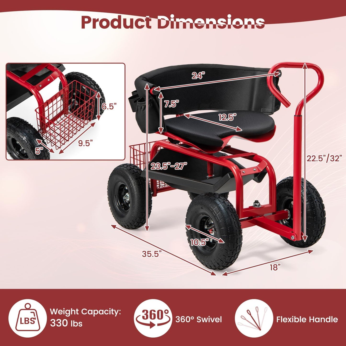 ERGOMASTER Rolling Garden Seat with Wheels, Adjustable 360° Swivel Workseat and Storage Basket, Extendable Handle, Outdoor Gardening Wagon Scooter, Red