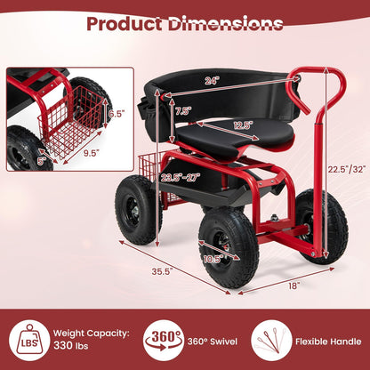 ERGOMASTER Rolling Garden Seat with Wheels, Adjustable 360° Swivel Workseat and Storage Basket, Extendable Handle, Outdoor Gardening Wagon Scooter, Red
