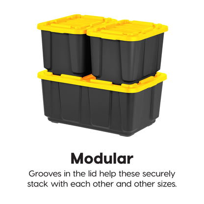 IRIS USA 4-Pack 27 Gallon Storage Bins with Lids |Made in USA| Heavy Duty Plastic Tote Containers for Truckbed Tool Box Organization, Large - Black/Yellow