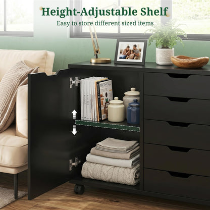 SageNest 5 Drawer File Cabinet with Wheels, Rolling Office Storage Cabinet with Shelves and Door, Printer Stand with Drawers, Under Desk Filing Cabinet with Wood Board, Black