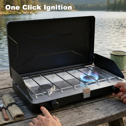 Portable Camping Stove, Propane Gas Camping Cooktop, 2 Burner, 20000 BTUs, Windscreen, Instant Ignition with Adjustable Burners Pressure Regulator for Camping Cooker BBQ Tailgating RV (Black)
