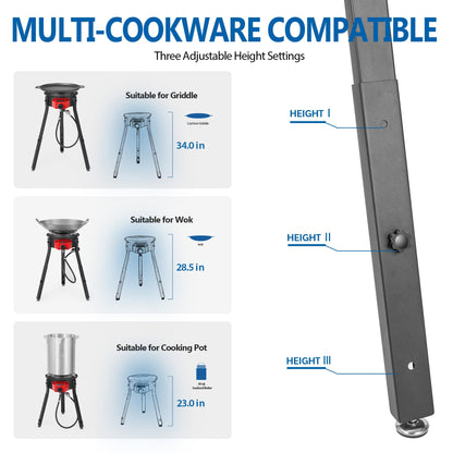 Outdoor Cooker with Iron Wok and Propane Burner, 54,000 BTU High-Pressure Gas Stove with Electronic Ignition & Adjustable Support Stand for Backyard BBQ, Tailgating, Outdoor Cooking