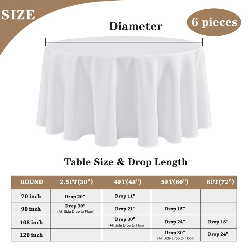 Fitable 6 Pack White Tablecloths for Round Tables - 108 Inches in Diameter - Stain Resistant and Washable Table Clothes, Polyester Fabric Table Covers for Wedding, Party, Banquet, Formal Events
