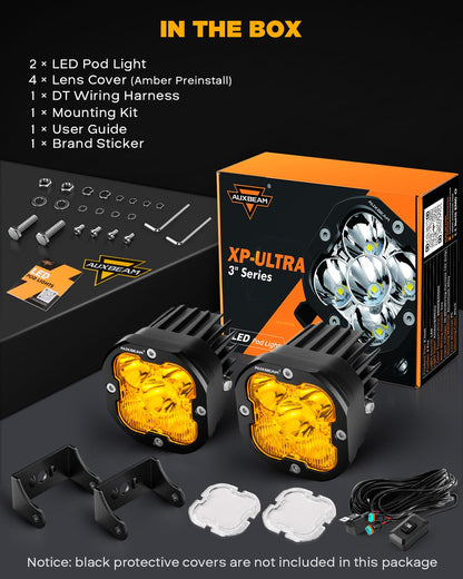 Auxbeam XP-Ultra Series 3" 80W Cube LED Pods White Spot Beam & Amber Combo Beam Replaceable Light Covers 9600LM Yellow Offroad Ditch Lights Driving Light Bar, Pair