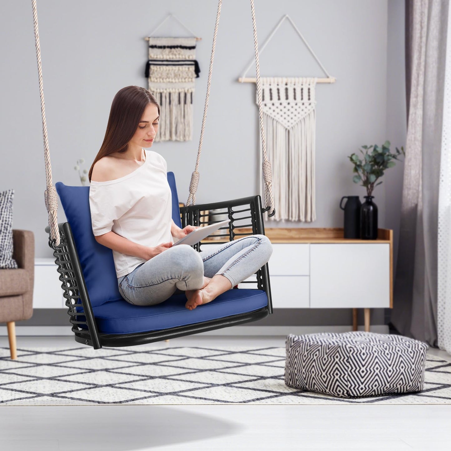 HAPPYGRILL Porch Swing Patio Hanging Rattan Basket Chair, Swing Hammock Chair with Seat Cushion & Back Cushion, PE Rattan, Sturdy Metal Frame, Wicker Hanging Rope Swing, (Navy)