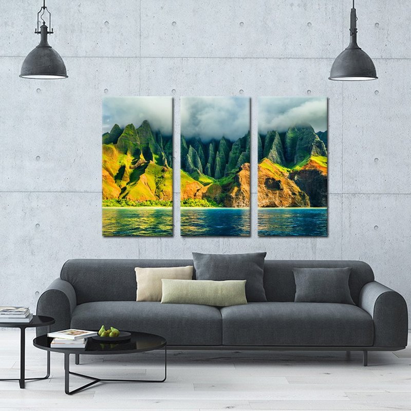 iKNOW FOTO Large 3 Panel Canvas Wall Art Na Pali coast Kauai Hawaii Sea Sunset Cruise Tour Pictures Prints Nature Coastline Landscape Travel Photography Framed Artwork for Home Decor 16x32inchx3pcs