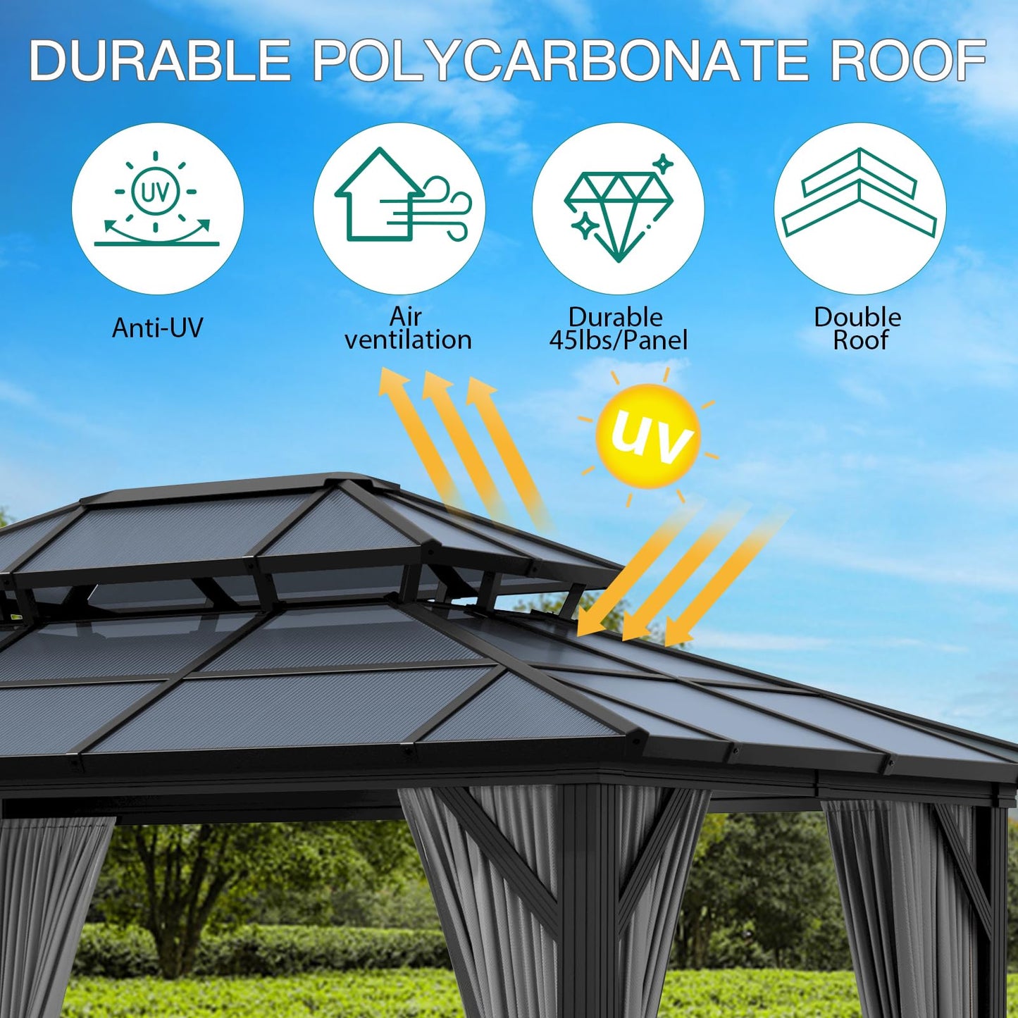 GAOMON 10'x13' Hardtop Gazebo, Outdoor Polycarbonate Double Roof Canopy, Aluminum Frame Permanent Pavilion with Curtains and Netting, Sunshade for Garden, Patio, Lawns (Gray)