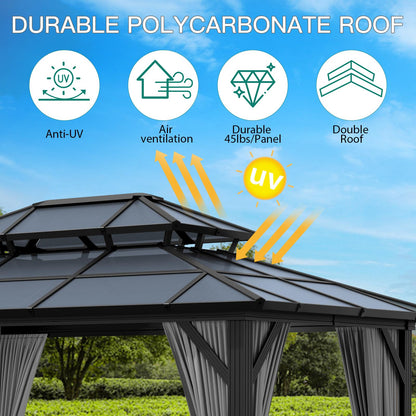 GAOMON 10'x13' Hardtop Gazebo, Outdoor Polycarbonate Double Roof Canopy, Aluminum Frame Permanent Pavilion with Curtains and Netting, Sunshade for Garden, Patio, Lawns (Gray)