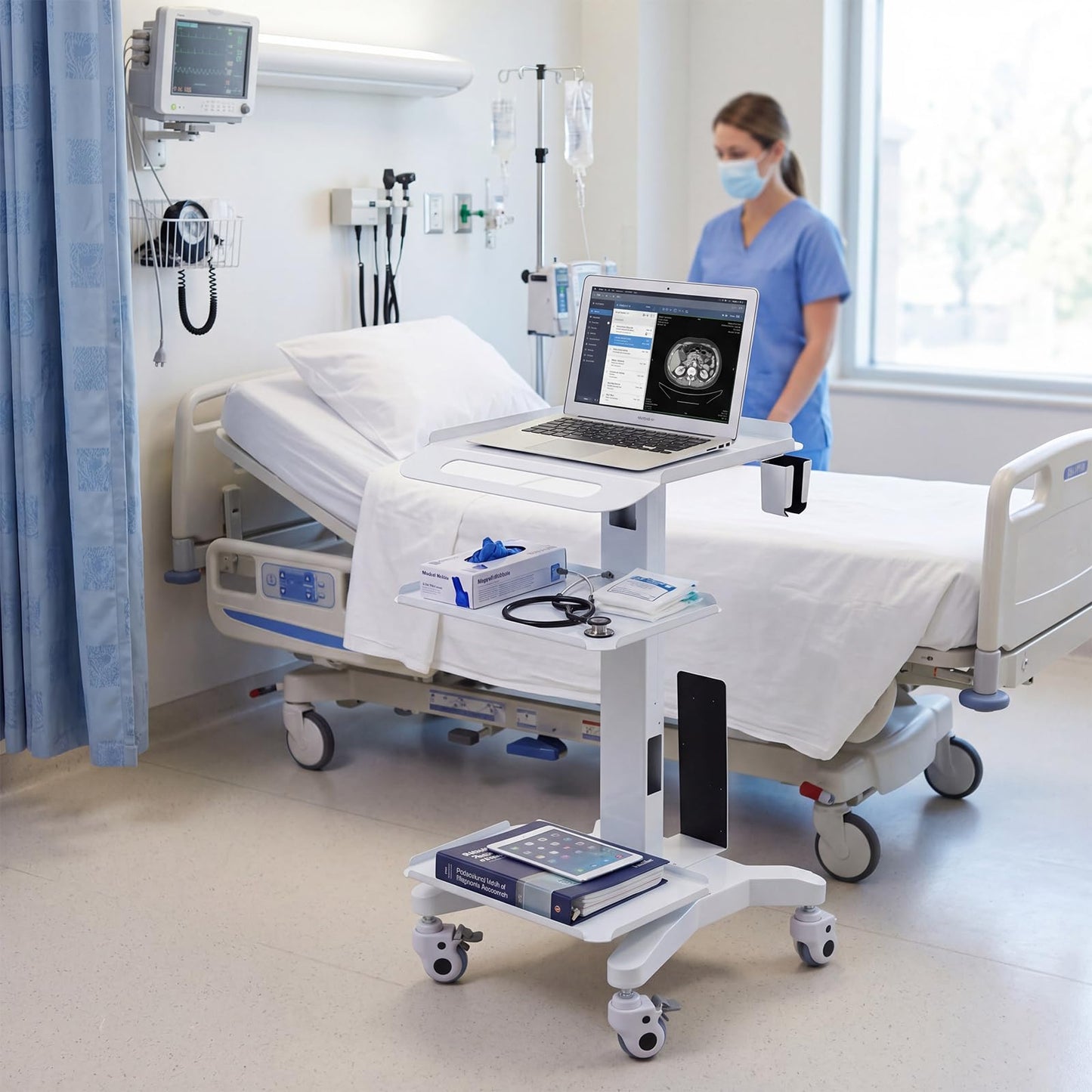 DaisyInner Adjustable Mobile Medical Cart with Wheels, Laptop Rolling Cart with Storage Basket Large Tabletop Medical Trolley Workstation for Hospital, Lab Use (3 Tier)