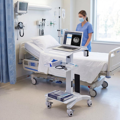 DaisyInner Adjustable Mobile Medical Cart with Wheels, Laptop Rolling Cart with Storage Basket Large Tabletop Medical Trolley Workstation for Hospital, Lab Use (3 Tier)