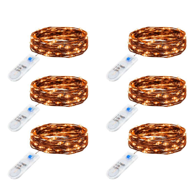 Minetom 6 Pack Orange Fairy Lights Battery Operated with Timer - 7ft 20 LED Waterproof Short Micro Firefly Lights for Halloween Decor, Pumpkin DIY Craft, Paper Lantern Decoration