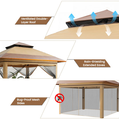 Driftalia 13x13 Pop Up Gazebo, Instant Outdoor Gazebo with Mosquito Netting, Vented Roof and Carry Bag for Patio, Garden & Backyard - Beige & Coffee