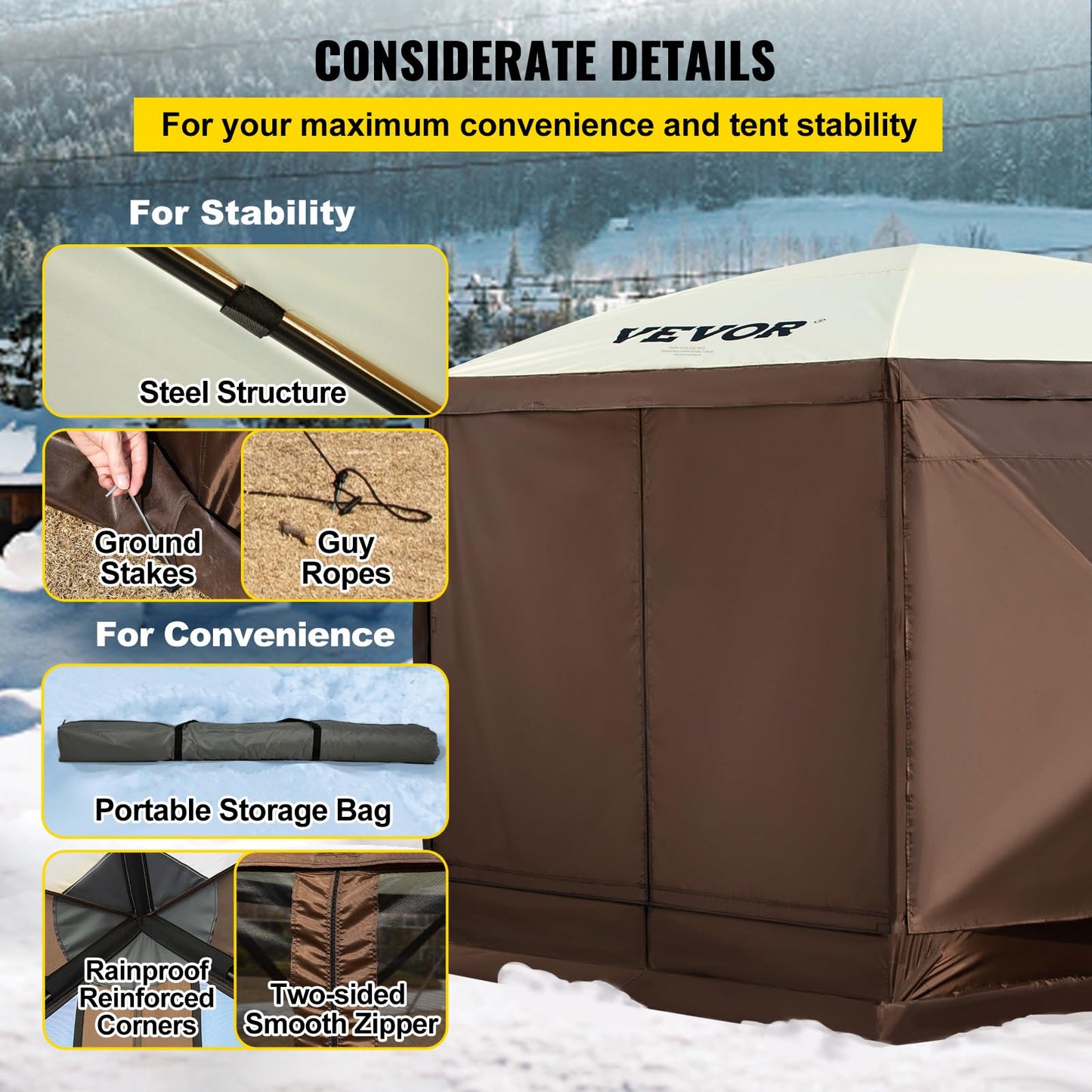 VEVOR Pop Up Gazebo Screen Tent, Pop-Up Instant Gazebo Tents with Mosquito Netting Outdoor Canopy, 6 Sided Sun Shelter 10x10ft with 6 Removable Wind Cloths & 2 Mesh Windows, Pavilion Tent for Patio