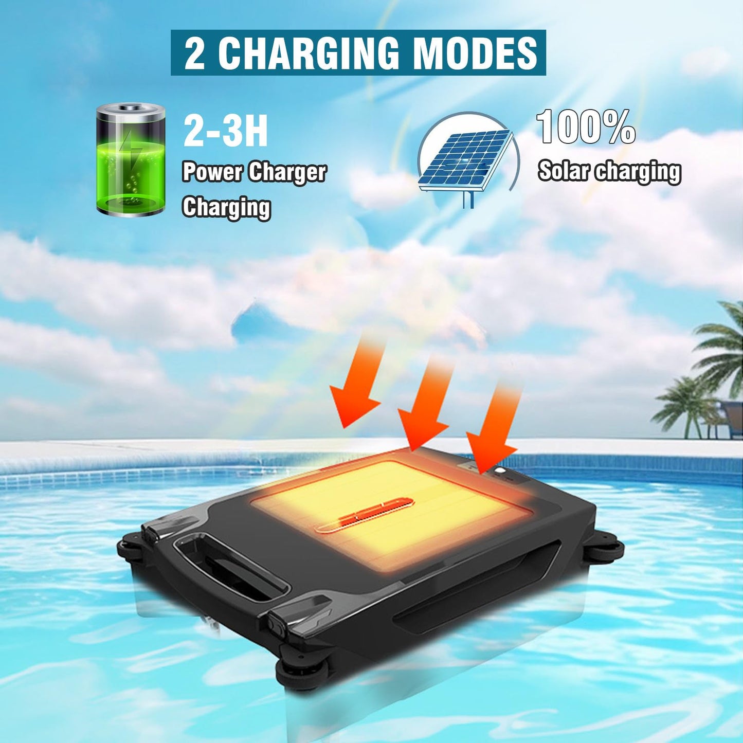 Solar Pool Skimmer with 2500Mha Battery/Large Capacity Debris Basket, Automatic Pool Cleaner, Dual Mode Cleaning, Intelligent Route Planning