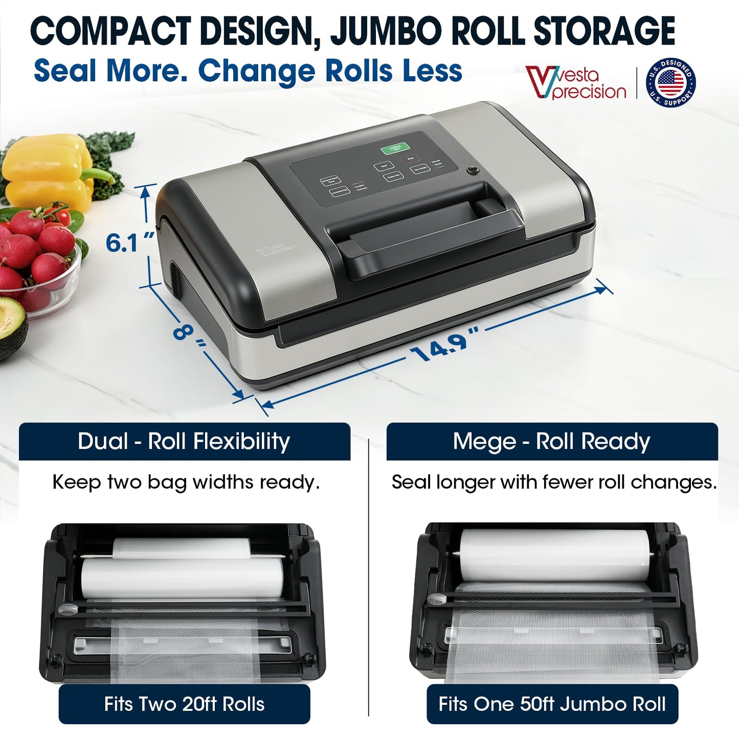 Vesta Precision 12" Vacuum Sealer Machine for Liquid & Moist Foods, Smart Heat Sealing Prevents Bag Melting, Built-in Cutter & Roll Storage Fits 2X20’ or 1X50' Rolls, Mason Jar Kit, Sous Vide, V23