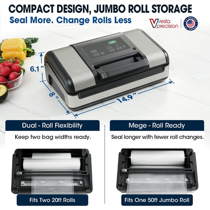 Vesta Precision 12" Vacuum Sealer Machine for Liquid & Moist Foods, Smart Heat Sealing Prevents Bag Melting, Built-in Cutter & Roll Storage Fits 2X20’ or 1X50' Rolls, Mason Jar Kit, Sous Vide, V23
