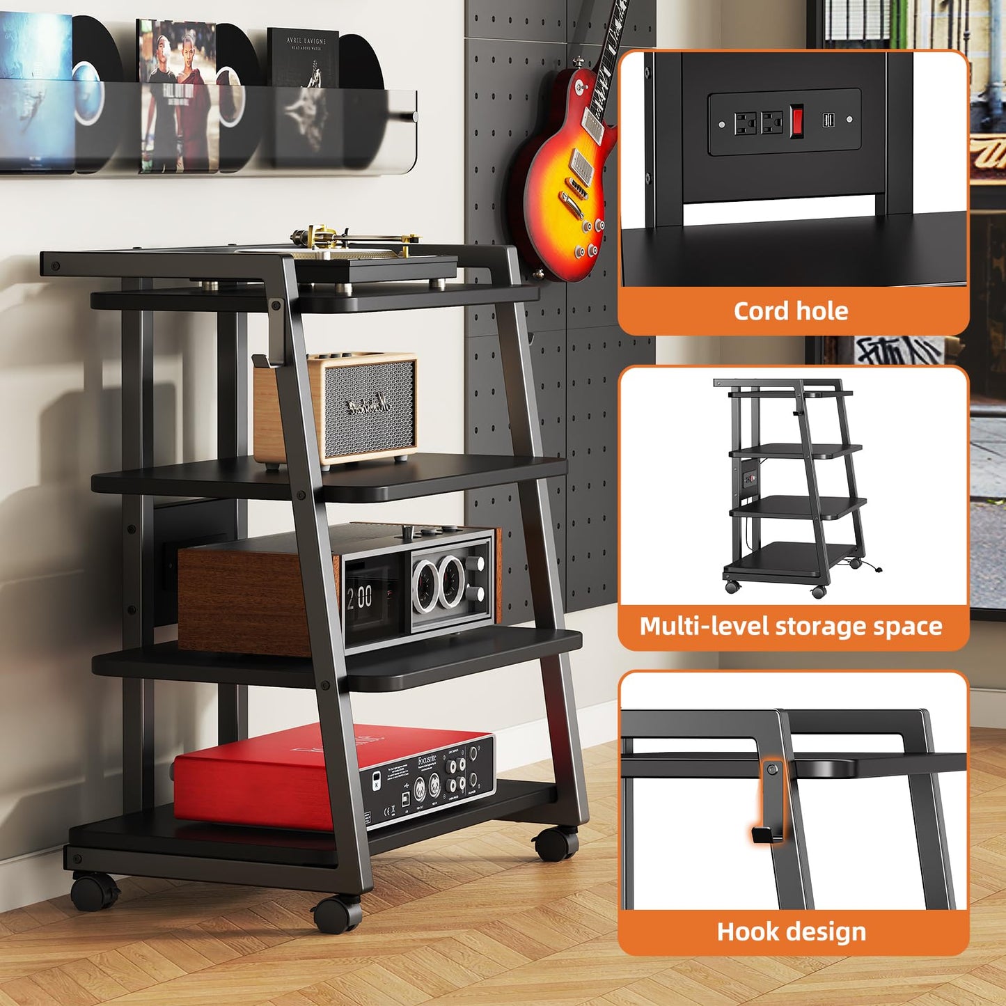 CABTE Mobile AV Media Stand with Outlets and 4 Rolling Caster Wheels, 4-Tier Rolling TV Stand for Gaming Console, Stereo, DVD Player, Sturdy Metal Frame, Versatile Living Room,Bedroom (Black)