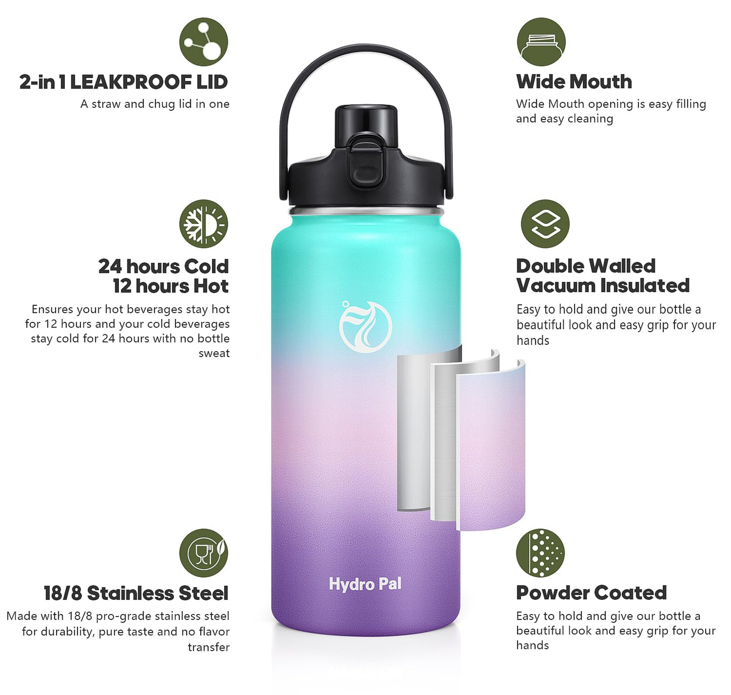 Half Gallon Insulated Water Bottle With 2-in-1 Lid (Chug/Straw), 64oz Double Walled Vacuum Stainless Steel, Wide Mouth Insulated Thermos Water Jug