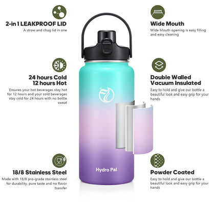 Half Gallon Insulated Water Bottle With 2-in-1 Lid (Chug/Straw), 64oz Double Walled Vacuum Stainless Steel, Wide Mouth Insulated Thermos Water Jug