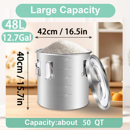 Tircoiude 304 Stainless Steel Flour Canister, 12.7 Gal Airtight Metal Canisters with Lids, Dog Food Storage Container for Rice, Bird Seed, Commercial Milk Storage 48L