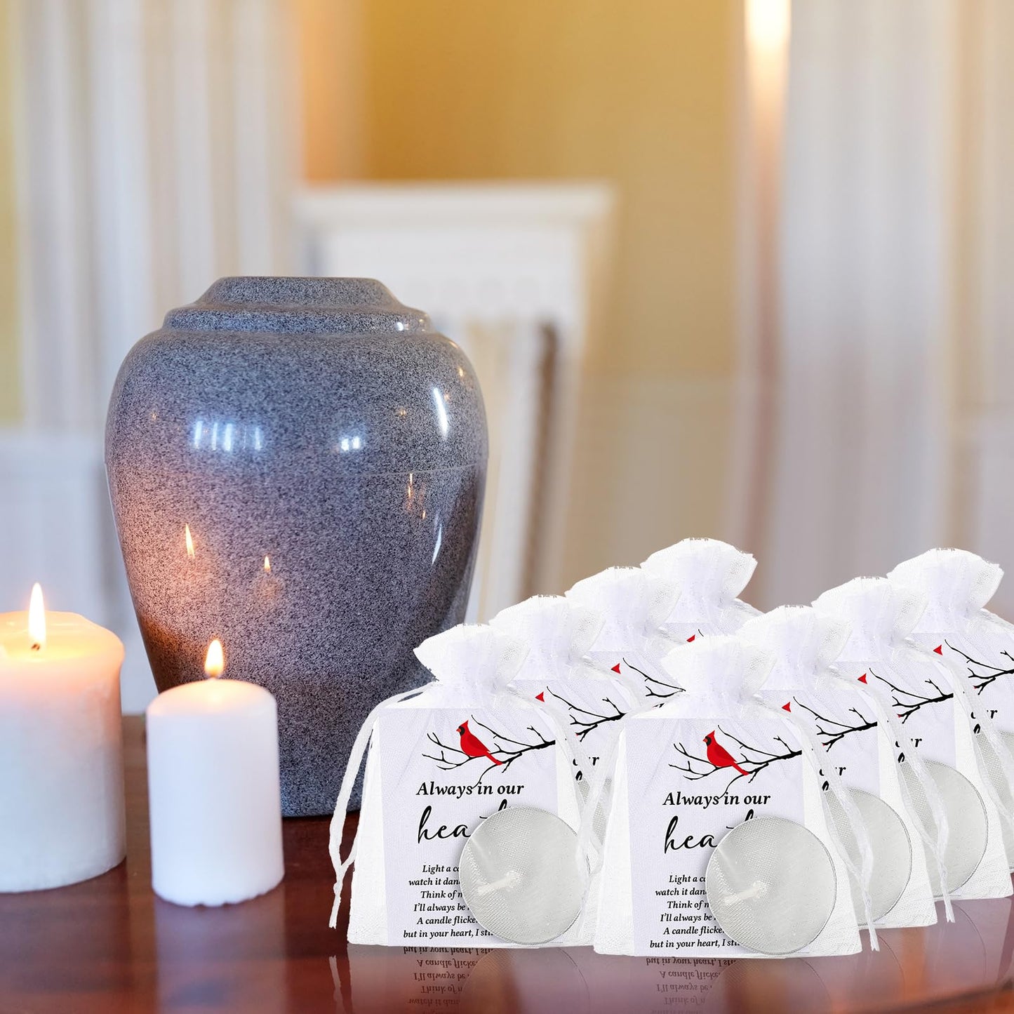 Coume 50 Set Funeral Party Favors Memorial White Candles Unscented Funeral Gifts Tealight Candles with Condolence Bereavement Cards, Organza Bags for Guest Celebration of Life Decorations (Cardinal)