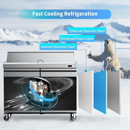 FreezLabs 48“ Commercial Refrigerator Sandwich&Salad Prep Table Fridge with 12 Pans 2 Door Stainless Steel Counter Fan Cooling Refrigerators