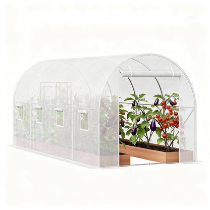 Large Walk-in Tunnel Greenhouse, 15x7x7 ft Heavy Duty Hoop House with 8 Screen Windows & Galvanized Steel Frame, Portable Outdoor Greenhouses for All Seasons White