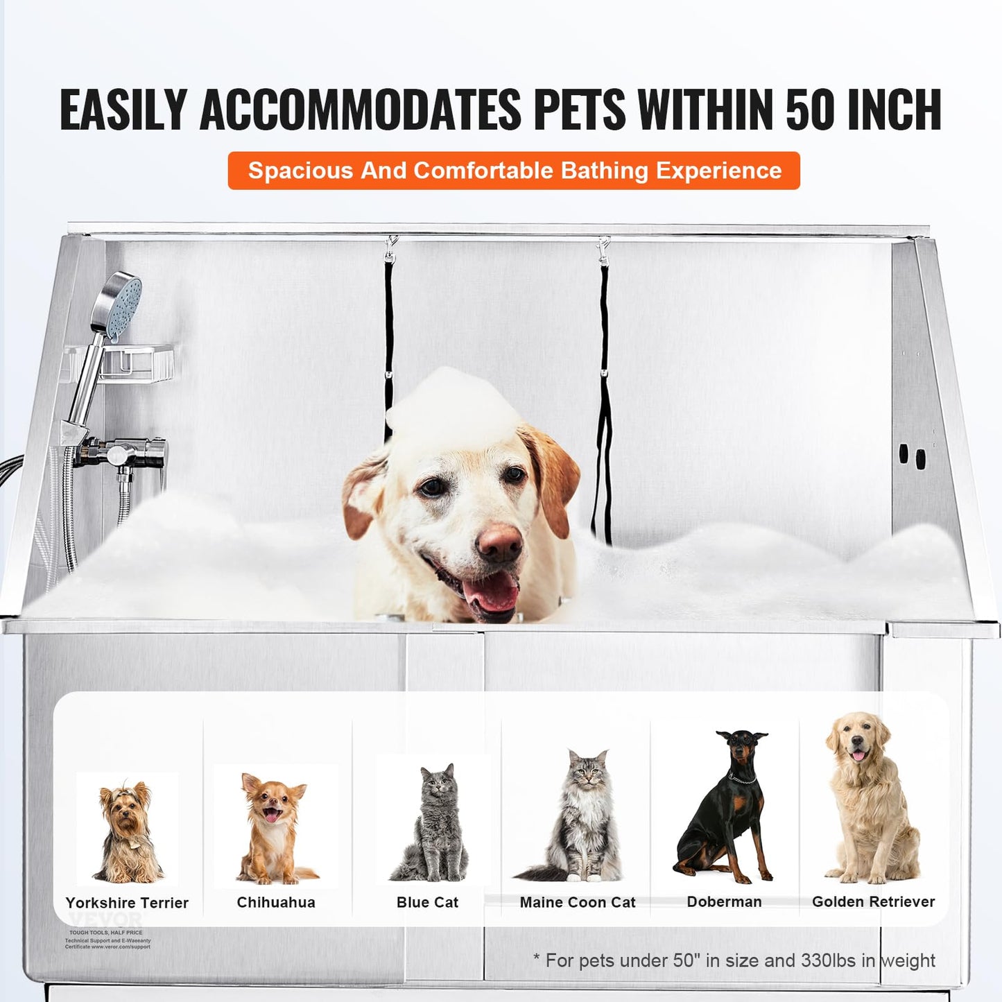 VEVOR 50" Pet Dog Bathing Station Electric Height Adjustment, Professional Stainless Steel Dog Grooming Tub w/Soap Box, Faucet,Rich Accessory,Bathtub for Multiple Pets, Washing Sink for Home(Right)
