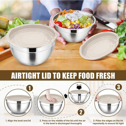 P&P CHEF Mixing Bowls with Airtight Lids Set of 5, 10-Piece Stainless Steel Mixing Nesting Bowl, Metal Bowl with Lid for Kitchen Prepping & Storing, Size 4.6, 3, 1.5, 1, 0.7 QT, Khaki