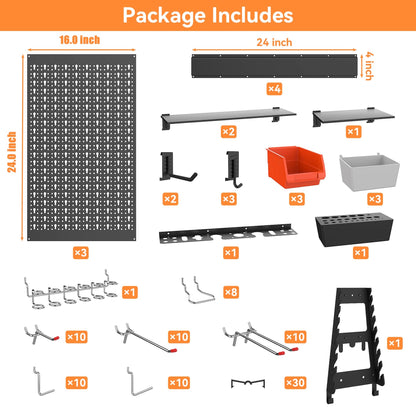 WALMANN 113 PCS Pegboard Wall Organizer Kit with Pegboard Hooks, Bins, Shelves, Pegboard Tools Storage System for Garage, Workbench, Modular Peg Board Tool Organizer Board with Hooks(Black)