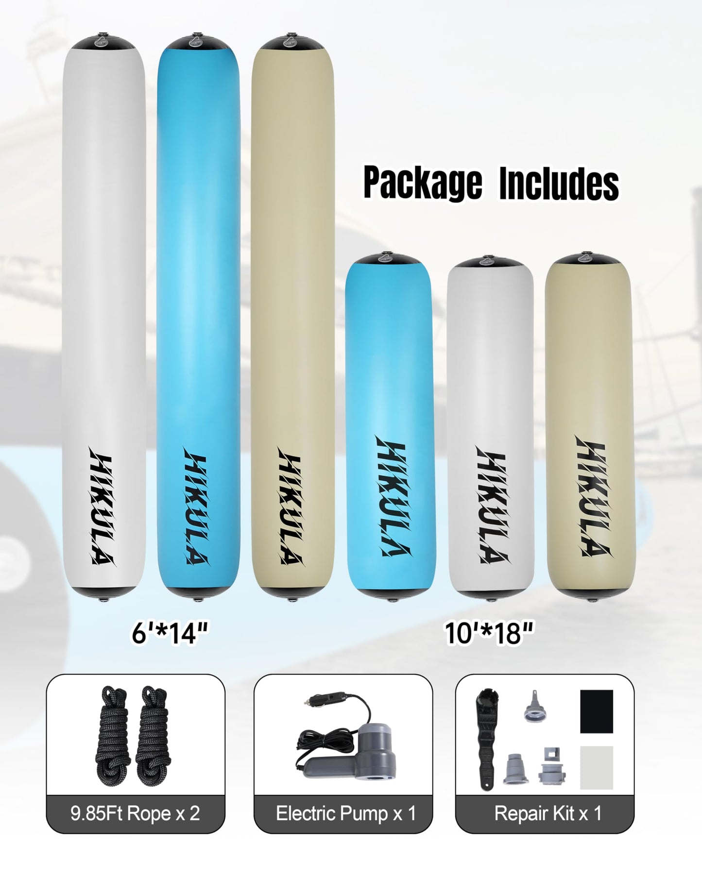 HIKULA Inflatable Boat Fenders - Boat Dock Bumpers, 6FT/10FT Heavy Duty Dock Fender with Storage Bag, 12V High Flow Air Pump, Pontoon Boat Fender for Tying up Fishing Boats, Jet Skis, Yachts