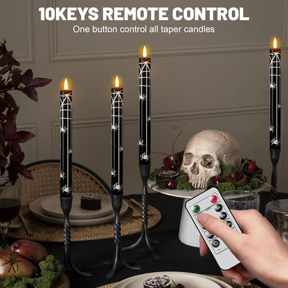 Wondise Black Halloween Flameless Taper Candles with Remote & Timer, Halloween Battery Operated Spider Candles Waxy with 3D Wick Flickering for Halloween Decorations