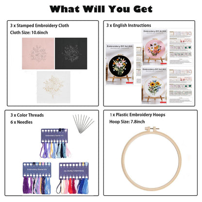 3 Set Embroidery Stitches Practice Kit, Embroidery Kit for Beginners with Embroidery Patterns, Beginner Embroidery Kit, Embroidery Kits for Adults, Hand Embroidery Kit, Embroidery Kit for Kids