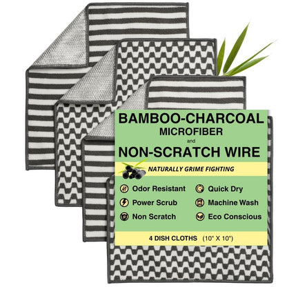 Severn Dish Cloths for Washing Dishes 4pk. Odor-Resistant Dish Rags with Non-Scratch Wire Scrubber Side for Kitchen Cleaning. Grime-Fighting Bamboo-Charcoal Microfiber 2-Sided Dishrags. Machine Wash