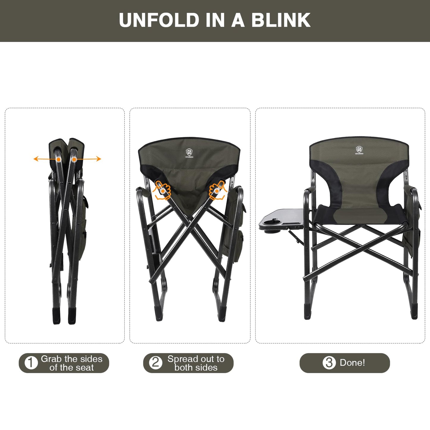 EVER ADVANCED Aluminum Lightweight Folding Director Chair, 350lbs Heavy Duty Camping Chair with Side Table & Storage, 19" Joint-Friendly Height Easy to Stand, Portable Makeup Artist & Vendor Chair