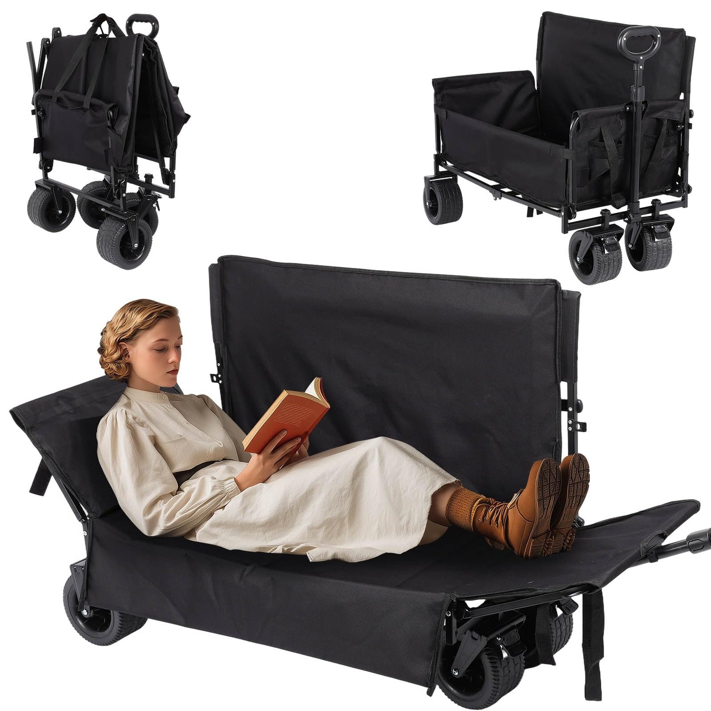 Portable Collapsible Folding Wagon, 550LBS Heavy Duty Utility Carts,Reclining Camper, Expandable Storage, Padded and Wheeled, All Terrain Wheels, Great for Camping, Outdoors, Shopping (Black)