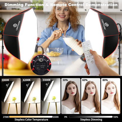 Light Box Photography Lighting Kit:2-Pack 37" Octa Softbox,Honeycomb Grid,110W LED Lamps,RC,Tripod Stands for Studio Light,Video Recording,Portraits,Model/Food/Pet/Baby/Product Shoots & Live Streaming