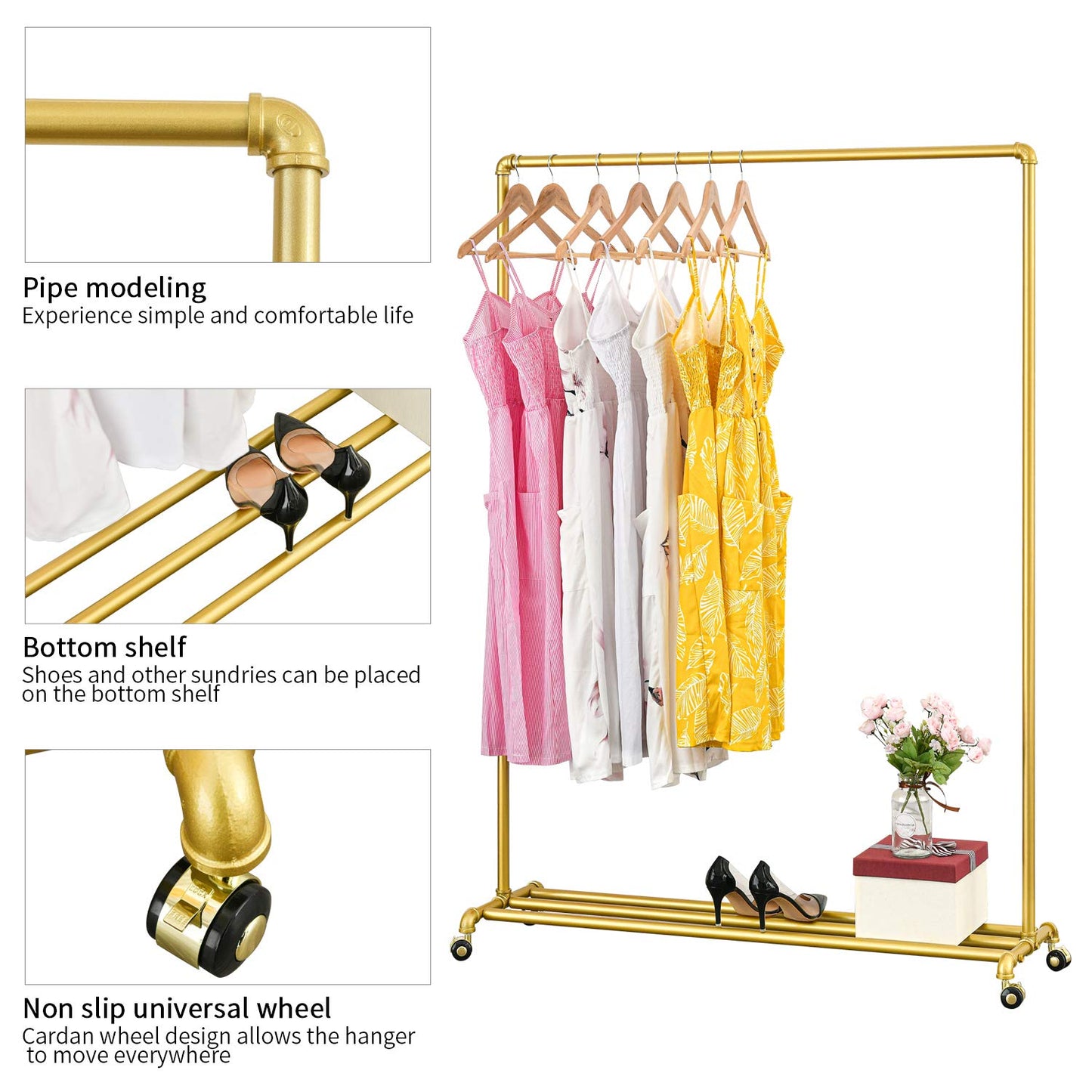BOSURU Rolling Gold Clothing Racks on Wheels, Retail Display Industrial Pipe Clothing Racks for Hanging Garment Racks for Boutiques, Home