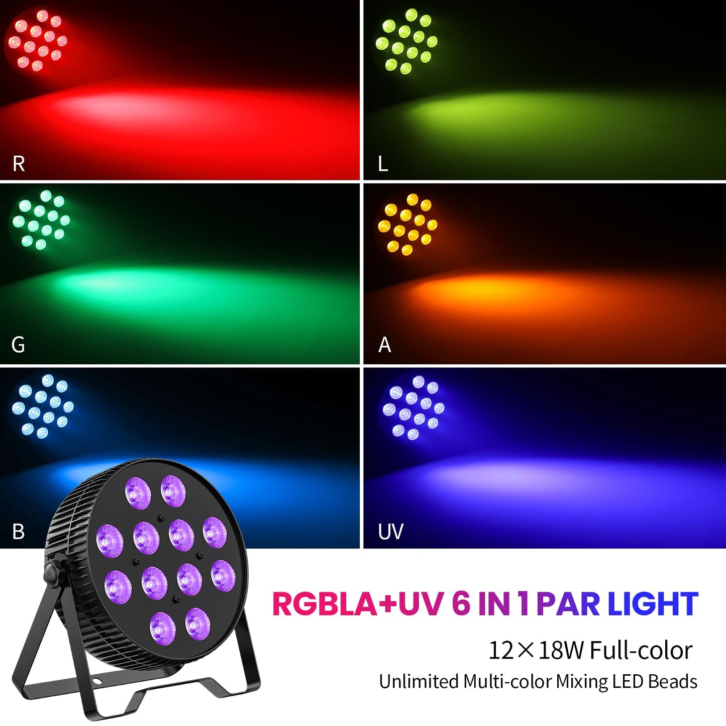 Betopper LED Stage Lights, 12X18W DJ Par Light, RGB+Lime+Amber+UV 6-in-1 Wash/Strobe Effect Stage Lighting, DMX512/Sound Activated Uplighting Lights for DJ, Parties, Concerts, Bars, 4-Pack