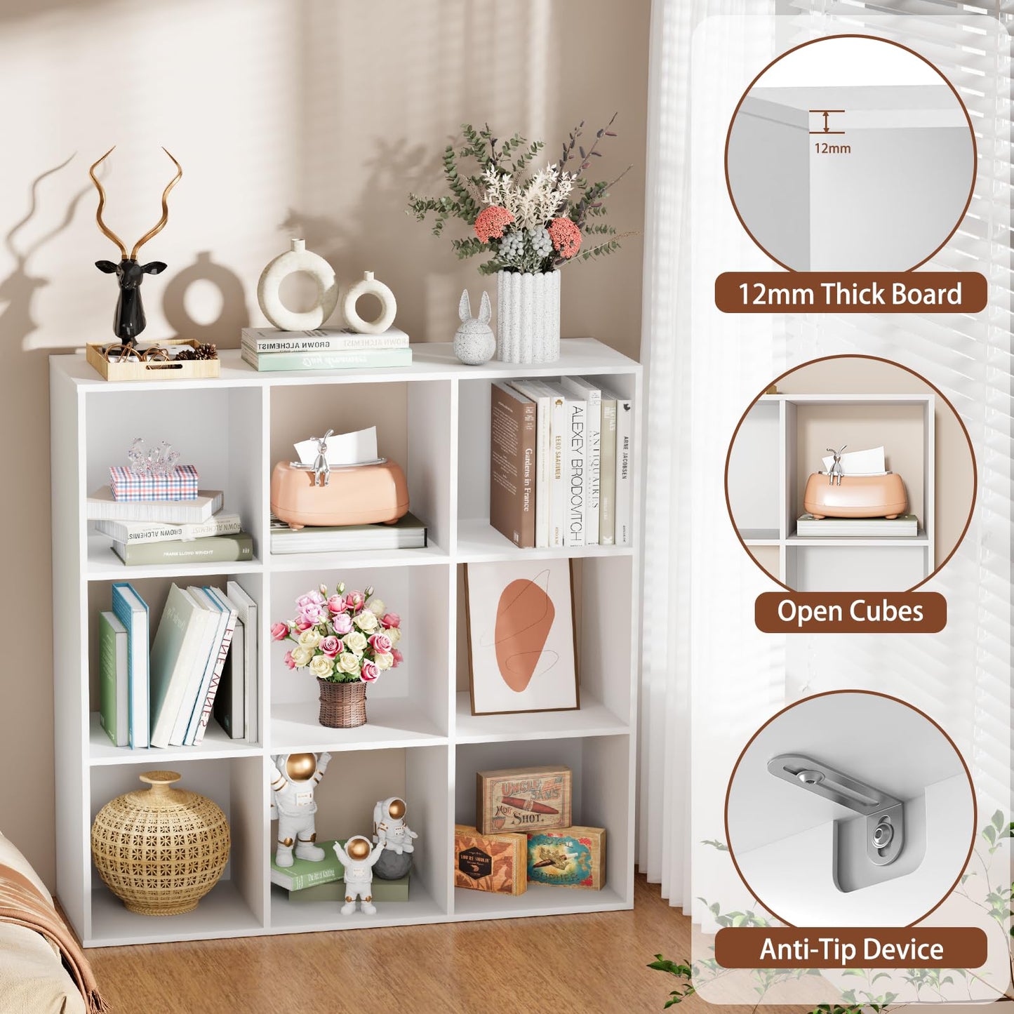 Nestwise 9 Cube Storage Organizer, Free Standing Display Shelf with Open Cubes, Floor Standing Book Shelf Bookcase with Storage for Home Office, Living Room, Bed Room (White, 9-Cube)