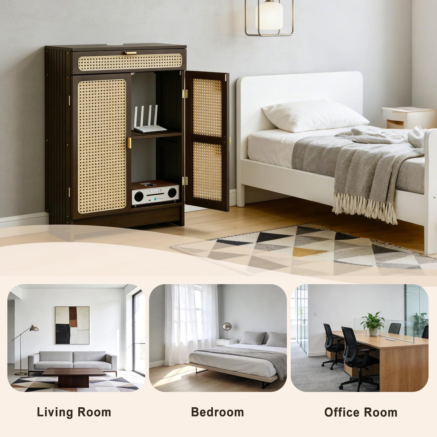 Jueraori WiFi Router Storage Cabinet with Adjustable Shelves, 2-Tier Standing Bamboo Cabinet with Rattan Doors and Drawer, Power Strip Cable Management Hider Rack for Home & Office(35.4"×19.7"×9.8")