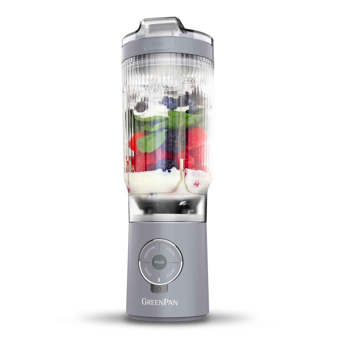 GreenPan Spin & Go Portable Blender, 24oz BPA-Free Cup, Self-Cleaning, Shakes Smoothies Juices, Crushed Ice & Frozen Fruits, Leakproof Lid, Fast Charge, Personal Handheld for Travel & Gym, Dove Gray