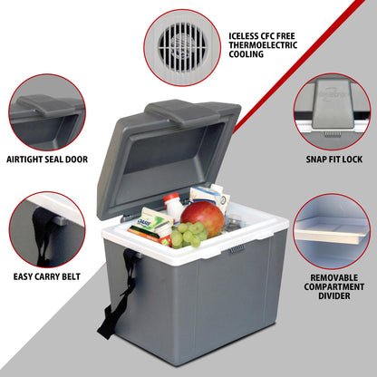 Koolatron Electric Portable Cooler Plug in 12V Car Cooler/Warmer 9.8 qt (9 L), No Ice Thermo Electric portable Fridge for camping, Travel Road Trips Trucking with 12 Volt DC Power Cord, Gray/White.