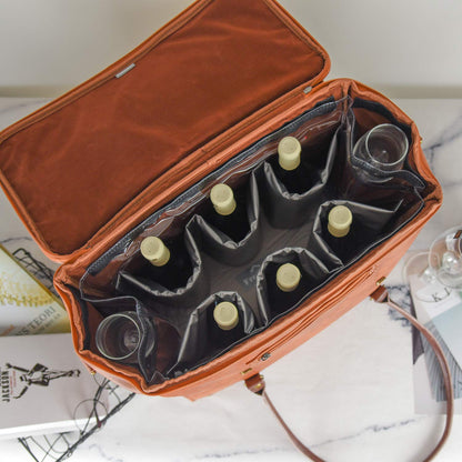 Freshore® 6 Wine Bottles Carrier Leather Bag - Insulated Cooler Travel Tote - Premium Large Portable Bottle Carrying, Waterproof Full Padding Wine Lovers Protection, Light Brown