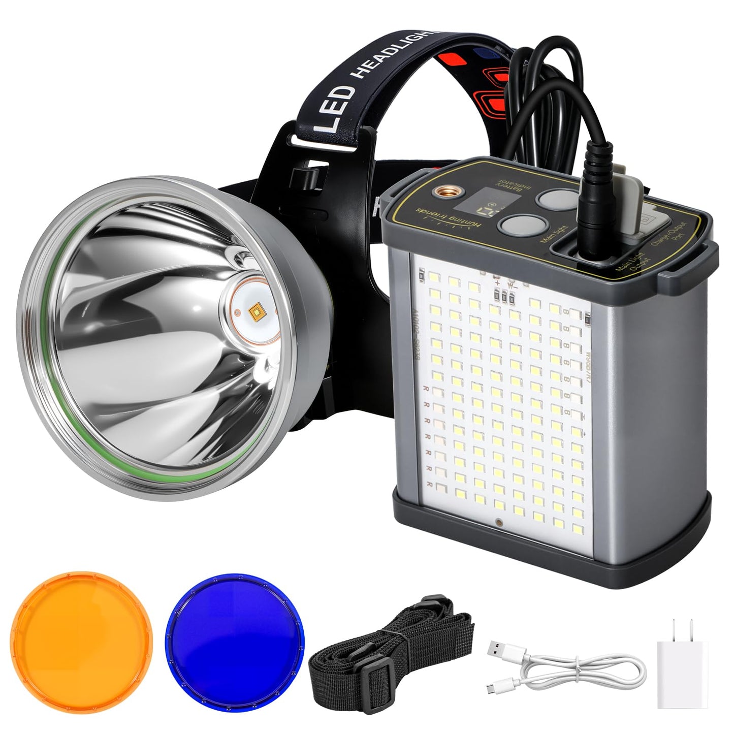 30W High Lumens LED Headlamp Rechargeable,15000mAh Ultra Bright Waterproof Headlight with Aluminum Alloy Housing and Side Light, Great for Camping, Hiking, Hunting, Fishing, Emergency Use