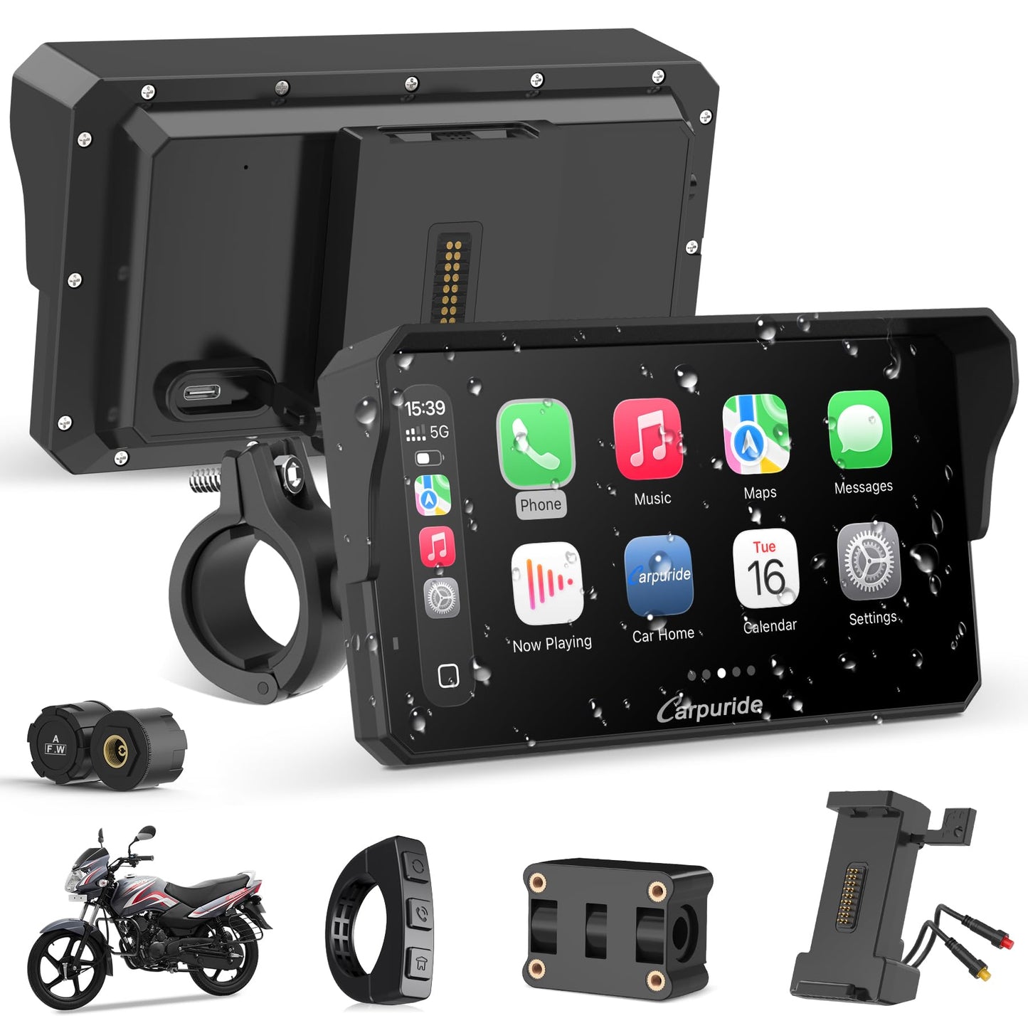 Carpuride Motorcycle Carplay with Type-C Port & TPMS, 6.25" Wireless Car Play & Android Auto GPS Navigation Moto Screen with Wired Controller, IP67 Waterproof, OTA, Dual Bluetooth, Intercom,Play Music